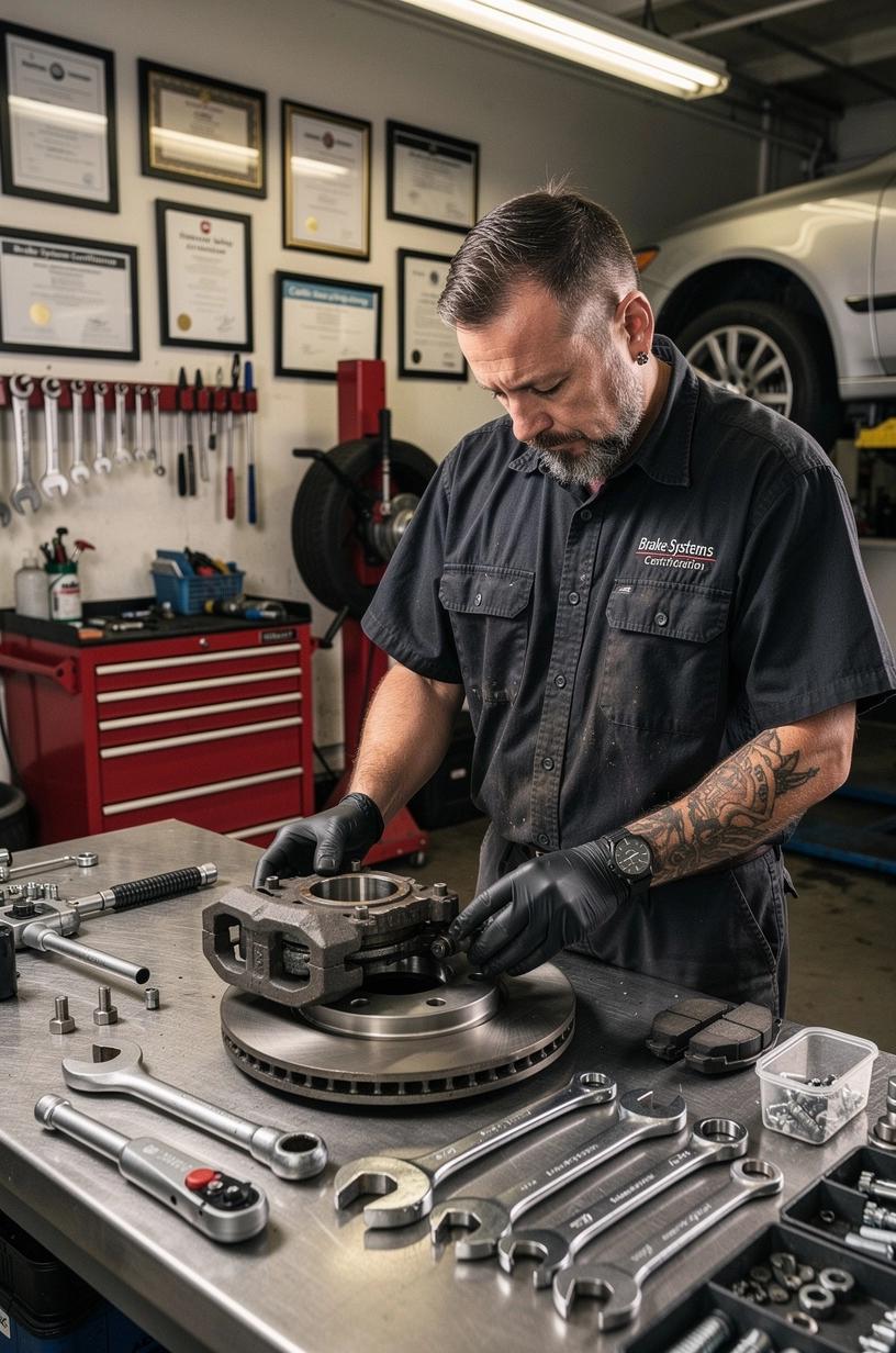 Nahaufnahme eines professionellen Kfz-Mechanikers, der sorgfältig die Bremsen eines Autos in einer deutschen Werkstatt überprüft, um die saisonale Wartung sicherzustellen